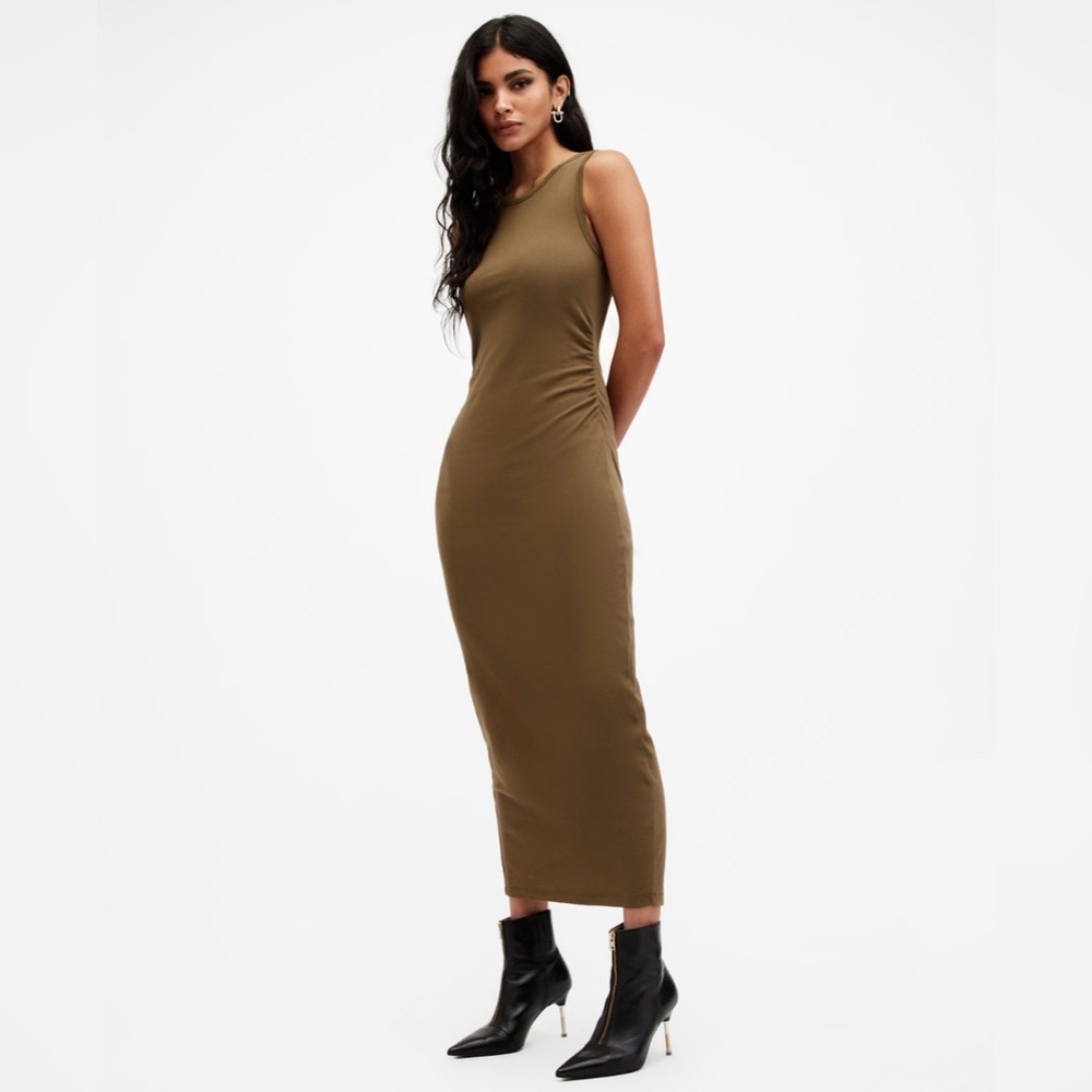 NEW All Saints Katarina Boat Neck Slim Fit Olive Midi Dress, Size 10